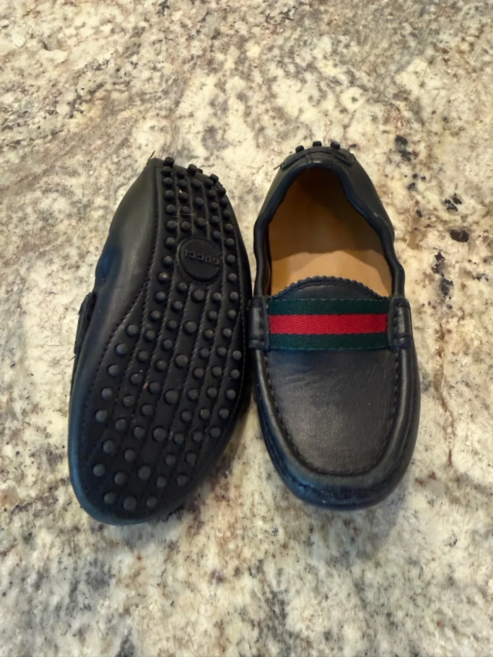Gucci Kids Black Leather Moccasins with Green and Red Web